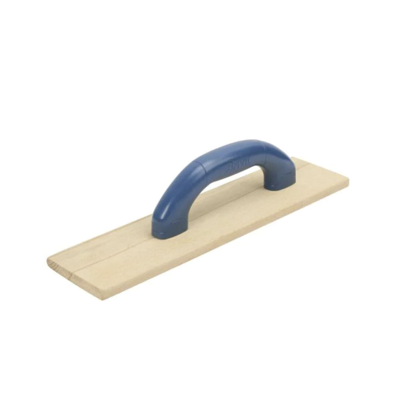 The Go Build 14 in. x 3-1/2 in. Wood Float, from The Fastest Way To Build, features a sturdy hardwood blade and blue plastic handle—ideal for leveling cement or smoothing concrete and plaster surfaces.